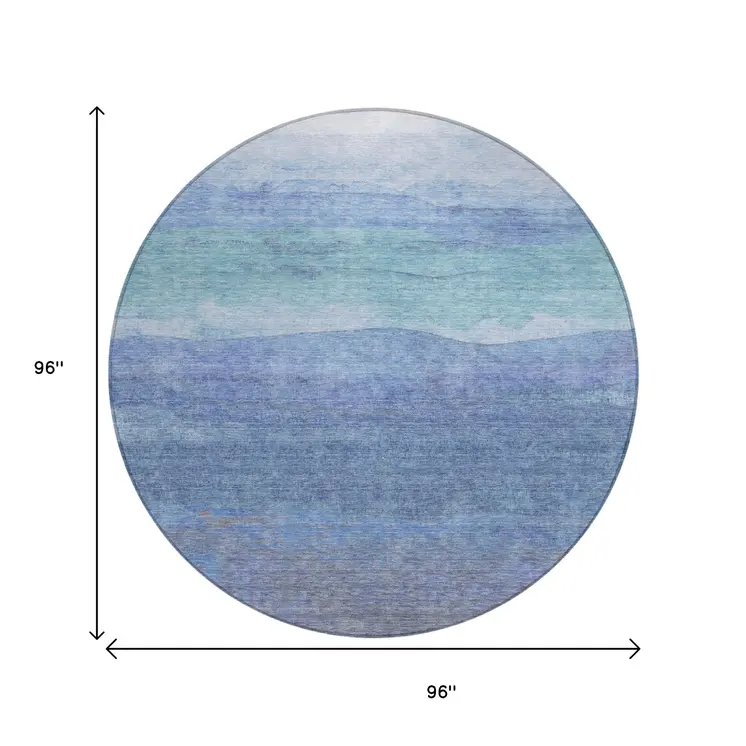 8' Blue Teal Blue And Sky Blue Round Abstract Washable Indoor Outdoor Area Rug