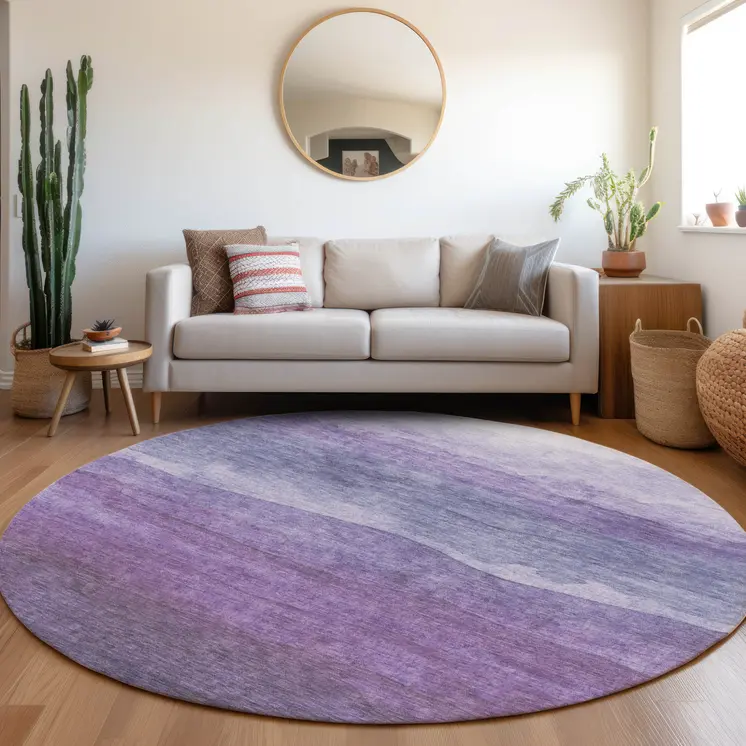 8' Purple And Lavender Round Abstract Washable Indoor Outdoor Area Rug