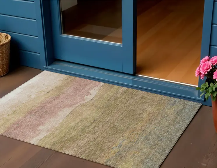 3' X 5' Tan And Beige Abstract Washable Indoor Outdoor Area Rug