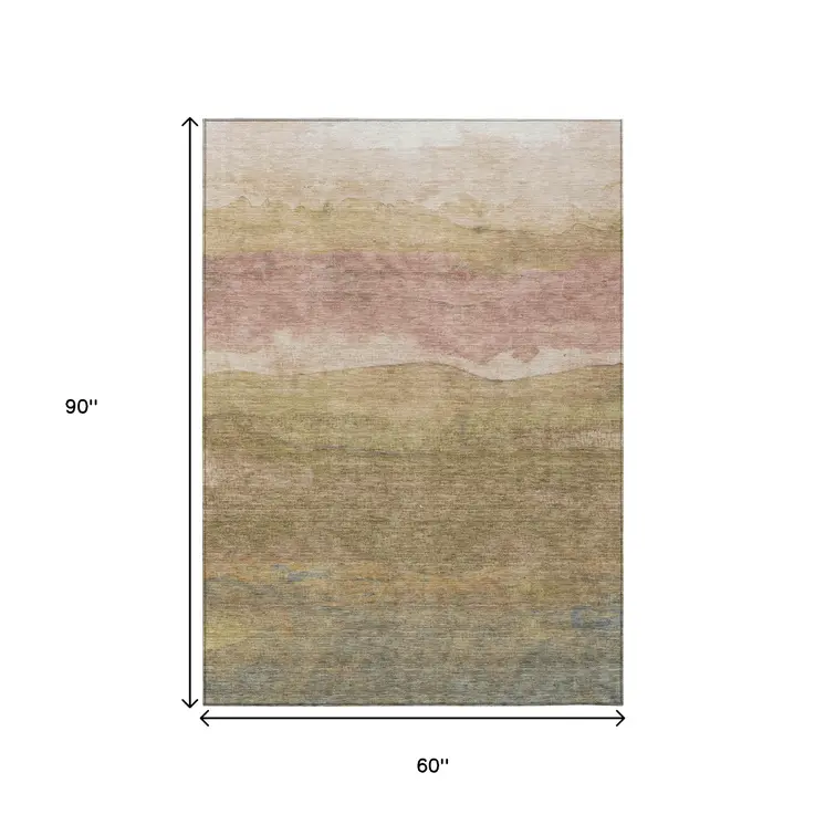 5' X 8' Tan And Beige Abstract Washable Indoor Outdoor Area Rug