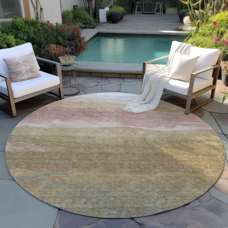 8' Tan And Beige Round Abstract Washable Indoor Outdoor Area Rug