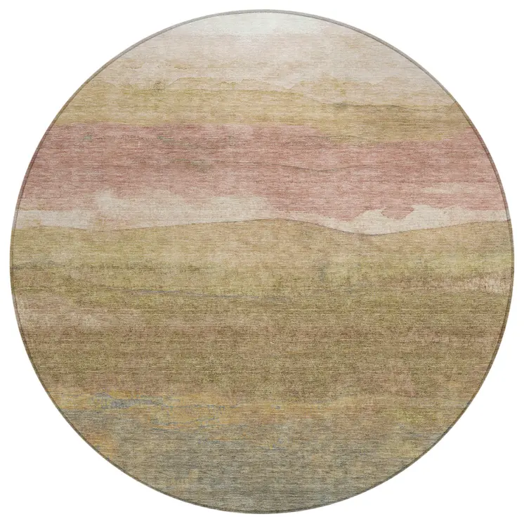 8' Tan And Beige Round Abstract Washable Indoor Outdoor Area Rug