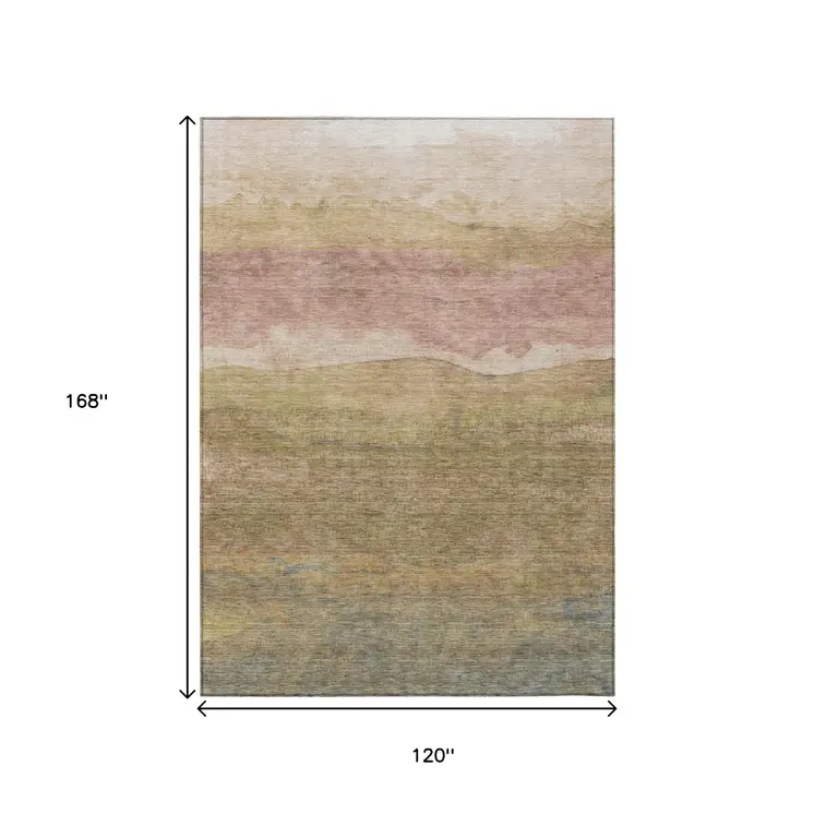 10' X 14' Tan And Beige Abstract Washable Indoor Outdoor Area Rug