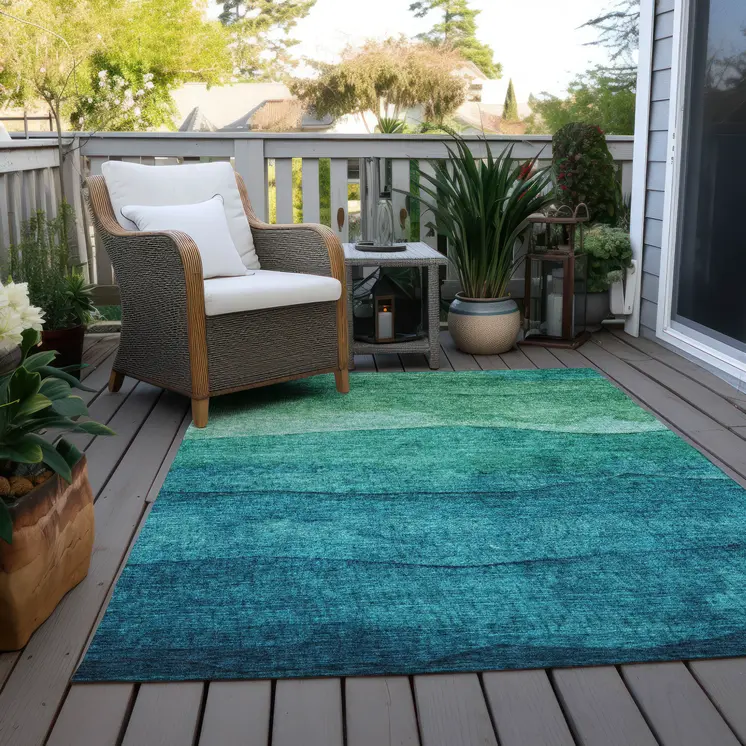 5' X 8' Teal Blue And Green Abstract Washable Indoor Outdoor Area Rug