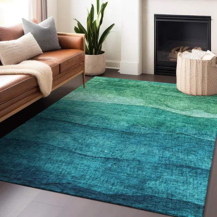 5' X 8' Teal Blue And Green Abstract Washable Indoor Outdoor Area Rug