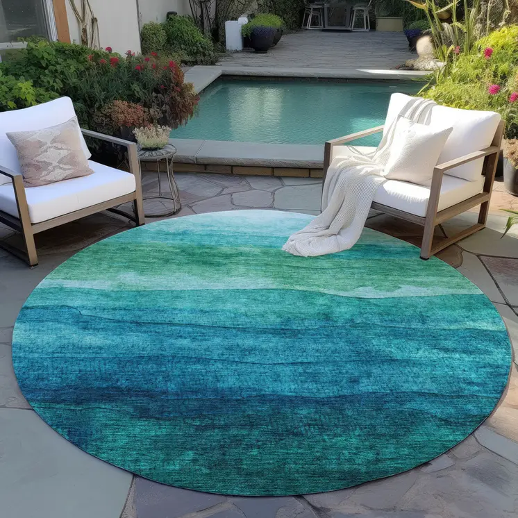8' Teal Blue And Green Round Abstract Washable Indoor Outdoor Area Rug