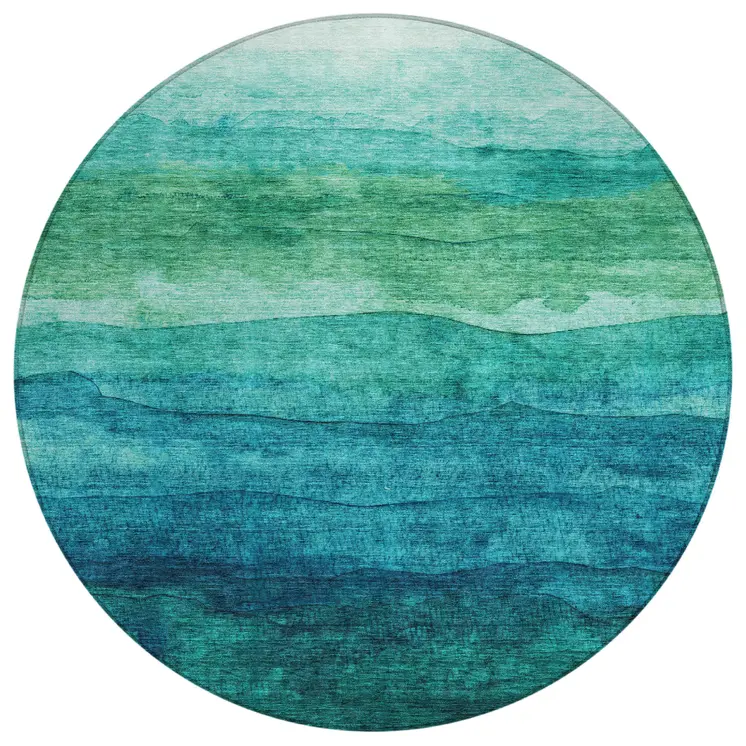 8' Teal Blue And Green Round Abstract Washable Indoor Outdoor Area Rug