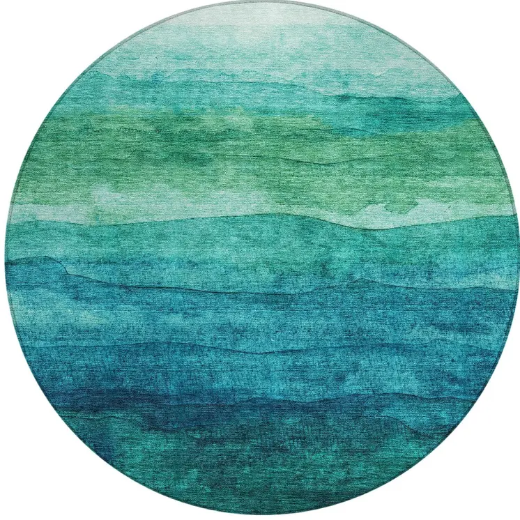 8' Teal Blue And Green Round Abstract Washable Indoor Outdoor Area Rug