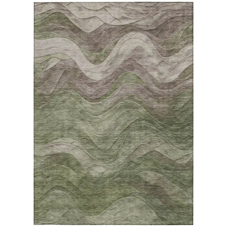 5' X 8' Green And Taupe Abstract Washable Indoor Outdoor Area Rug