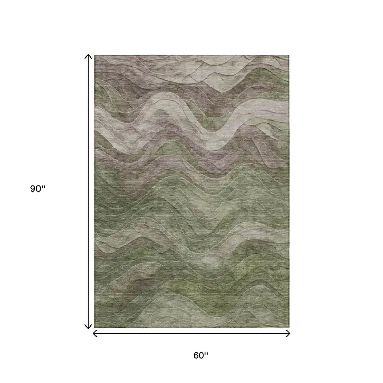 5' X 8' Green And Taupe Abstract Washable Indoor Outdoor Area Rug