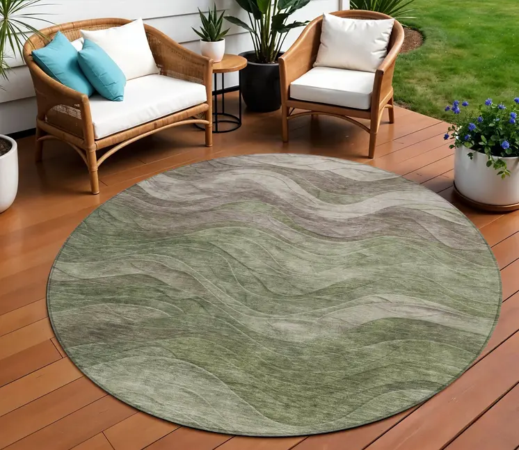 8' Green And Taupe Round Abstract Washable Indoor Outdoor Area Rug