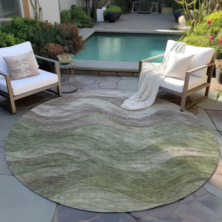 8' Green And Taupe Round Abstract Washable Indoor Outdoor Area Rug