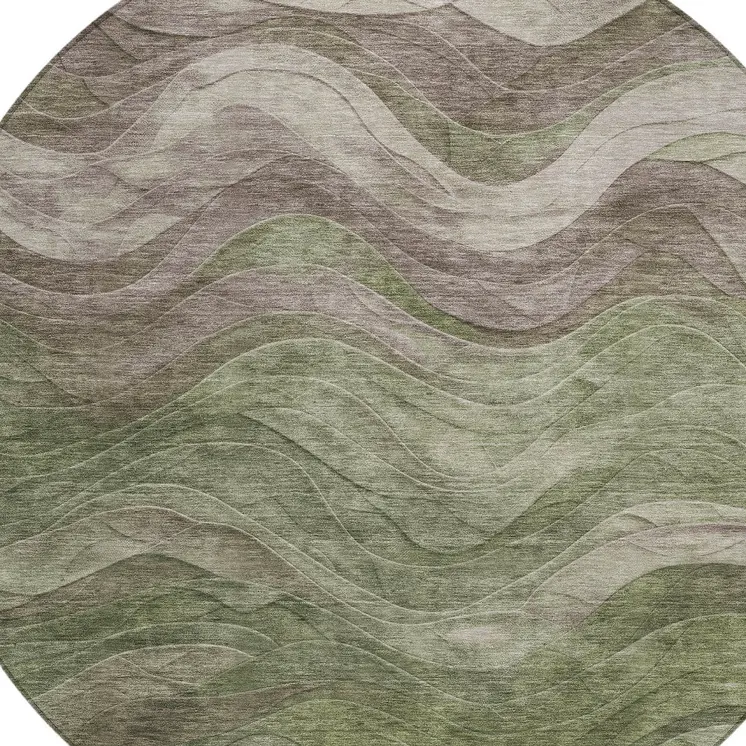 8' Green And Taupe Round Abstract Washable Indoor Outdoor Area Rug