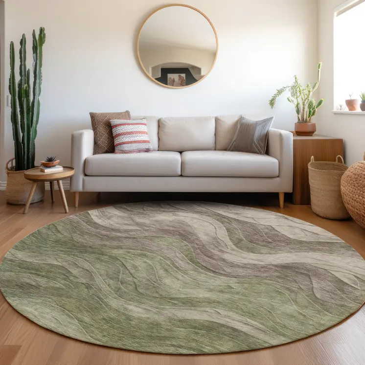 8' Green And Taupe Round Abstract Washable Indoor Outdoor Area Rug
