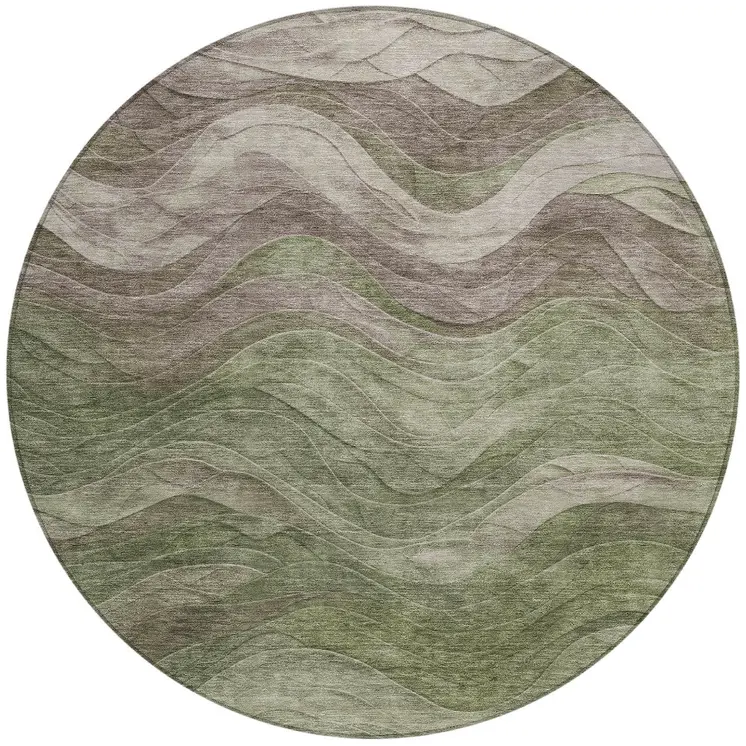 8' Green And Taupe Round Abstract Washable Indoor Outdoor Area Rug