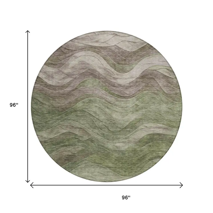 8' Green And Taupe Round Abstract Washable Indoor Outdoor Area Rug