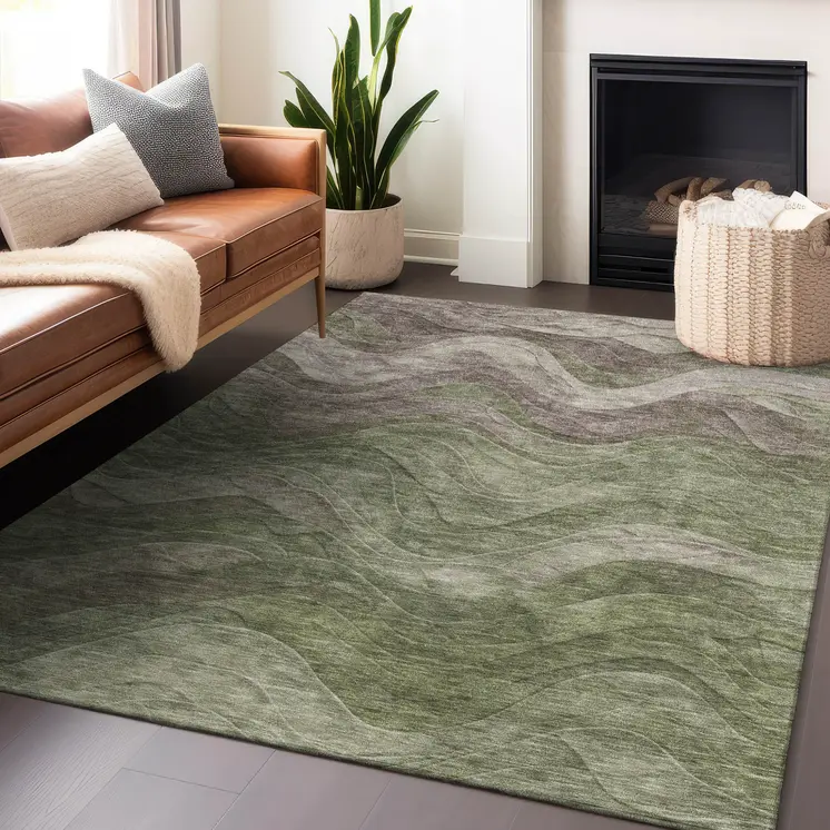 8' X 10' Green And Taupe Abstract Washable Indoor Outdoor Area Rug