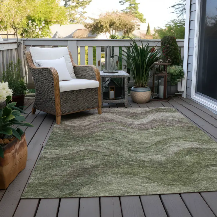 9' X 12' Green And Taupe Abstract Washable Indoor Outdoor Area Rug