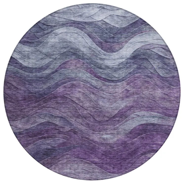 8' Purple And Gray Round Abstract Washable Indoor Outdoor Area Rug