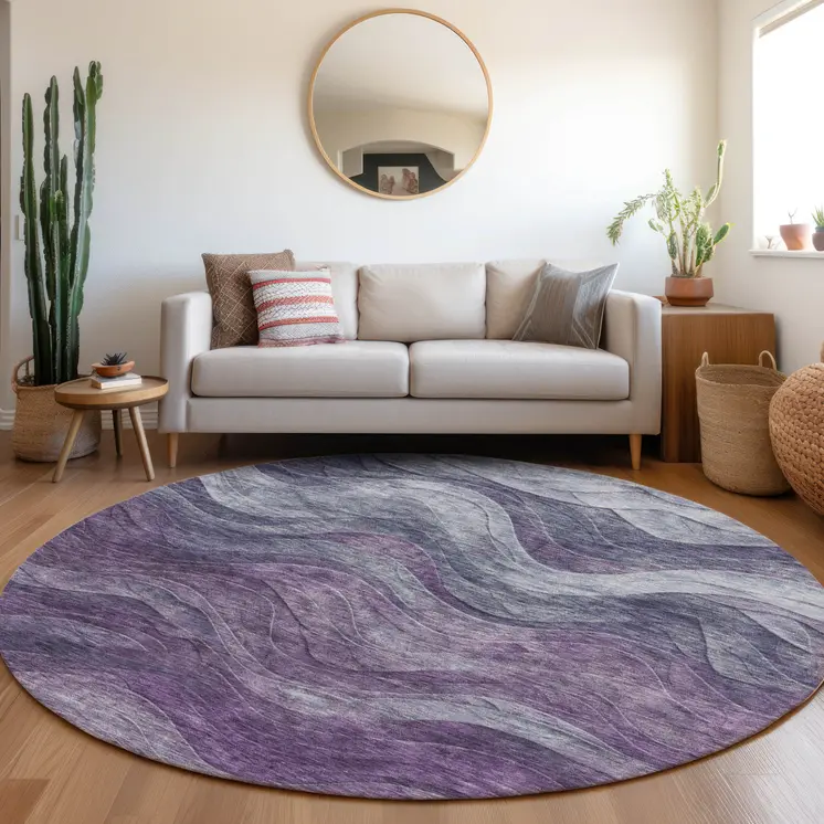 8' Purple And Gray Round Abstract Washable Indoor Outdoor Area Rug