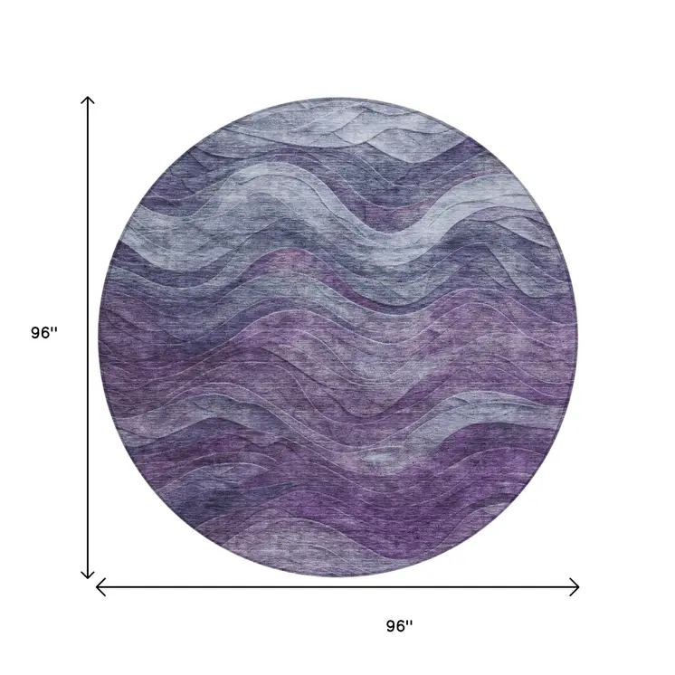8' Purple And Gray Round Abstract Washable Indoor Outdoor Area Rug