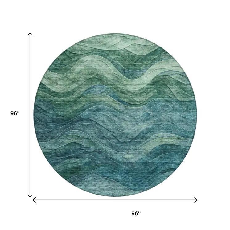 8' Teal Blue And Green Round Abstract Washable Indoor Outdoor Area Rug