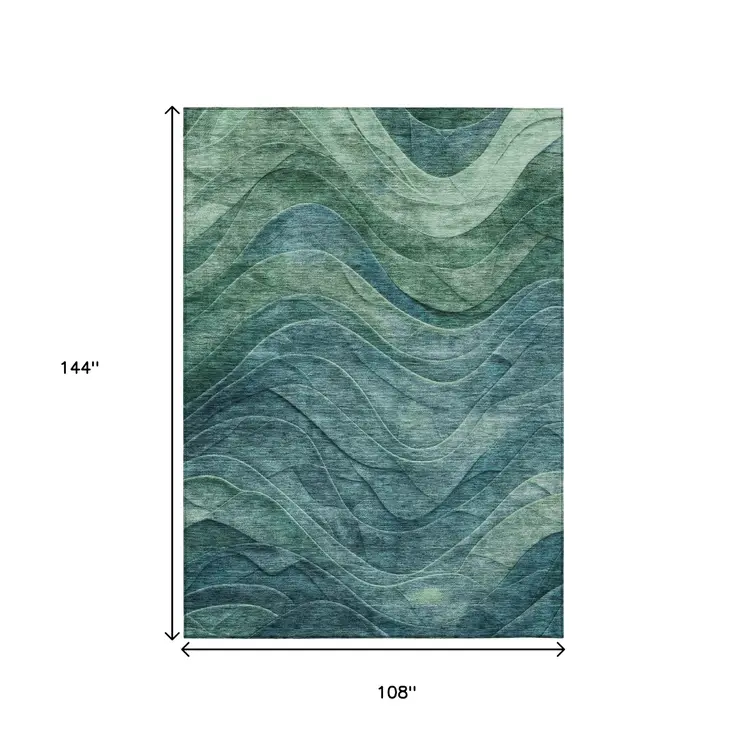 9' X 12' Teal Blue And Green Abstract Washable Indoor Outdoor Area Rug