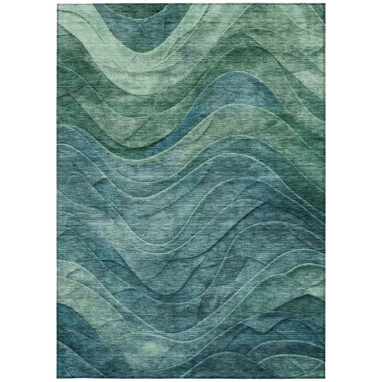 9' X 12' Teal Blue And Green Abstract Washable Indoor Outdoor Area Rug