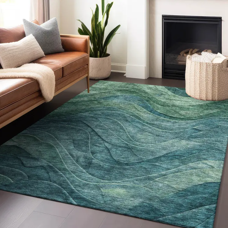 9' X 12' Teal Blue And Green Abstract Washable Indoor Outdoor Area Rug