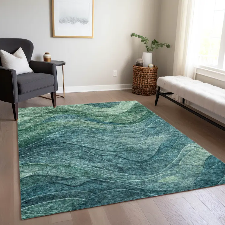 9' X 12' Teal Blue And Green Abstract Washable Indoor Outdoor Area Rug