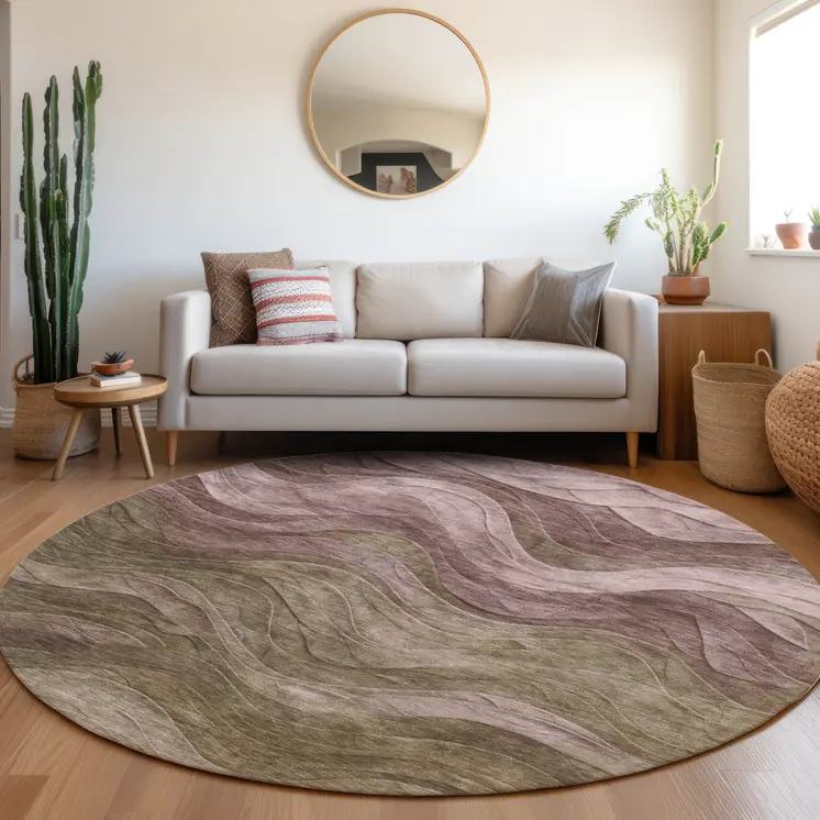 8' Taupe And Beige Round Abstract Washable Indoor Outdoor Area Rug