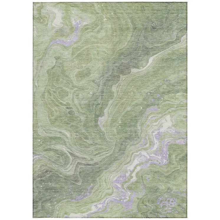 3' X 5' Artichoke Green Lavender And Ivory Abstract Washable Indoor Outdoor Area Rug