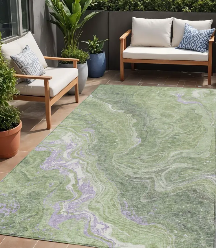 5' X 8' Artichoke Green Lavender And Ivory Abstract Washable Indoor Outdoor Area Rug