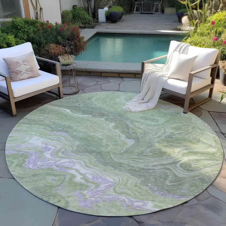 8' Artichoke Green Lavender And Ivory Round Abstract Washable Indoor Outdoor Area Rug