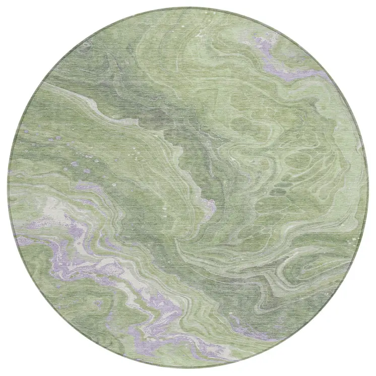 8' Artichoke Green Lavender And Ivory Round Abstract Washable Indoor Outdoor Area Rug