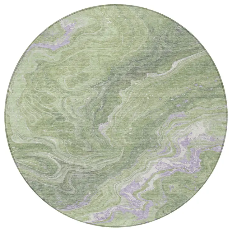8' Artichoke Green Lavender And Ivory Round Abstract Washable Indoor Outdoor Area Rug