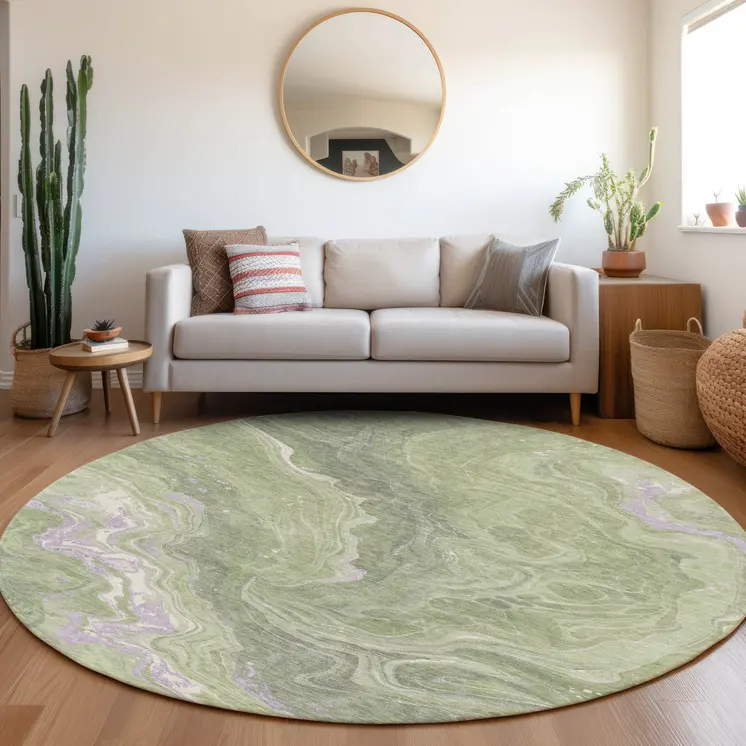 8' Artichoke Green Lavender And Ivory Round Abstract Washable Indoor Outdoor Area Rug