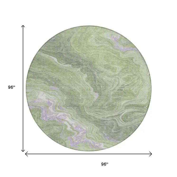 8' Artichoke Green Lavender And Ivory Round Abstract Washable Indoor Outdoor Area Rug