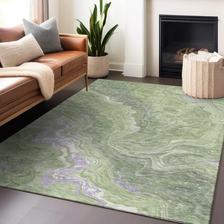 8' X 10' Artichoke Green Lavender And Ivory Abstract Washable Indoor Outdoor Area Rug