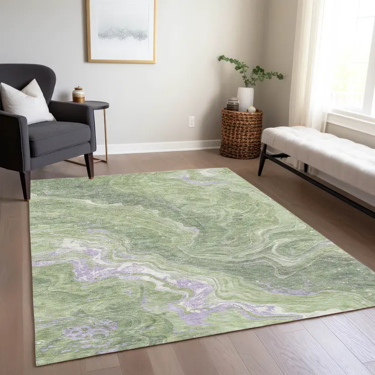 8' X 10' Artichoke Green Lavender And Ivory Abstract Washable Indoor Outdoor Area Rug