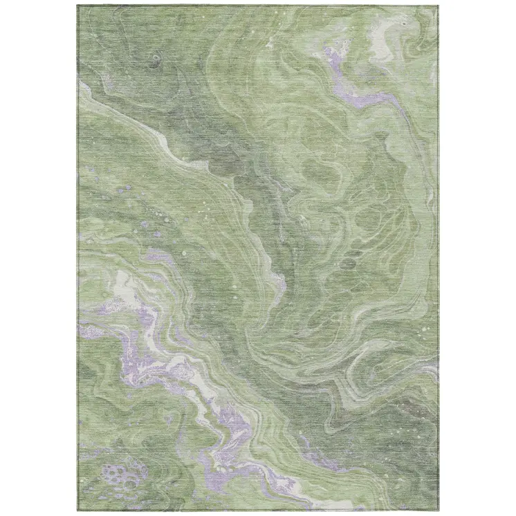 9' X 12' Artichoke Green Lavender And Ivory Abstract Washable Indoor Outdoor Area Rug