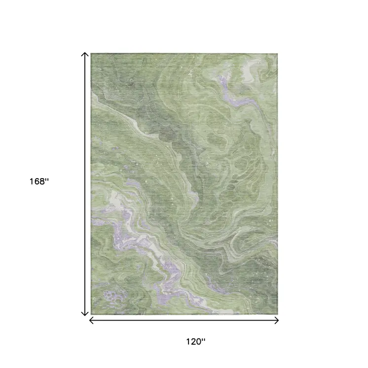 10' X 14' Artichoke Green Lavender And Ivory Abstract Washable Indoor Outdoor Area Rug