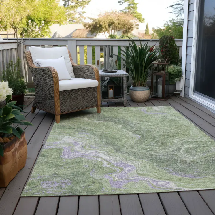 10' X 14' Artichoke Green Lavender And Ivory Abstract Washable Indoor Outdoor Area Rug