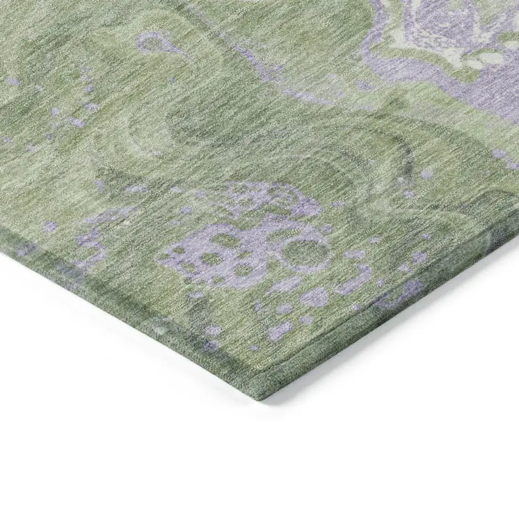 10' X 14' Artichoke Green Lavender And Ivory Abstract Washable Indoor Outdoor Area Rug