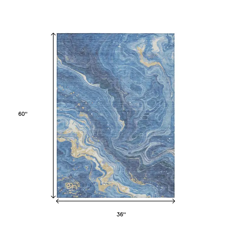 3' X 5' Blue Gold And Ivory Abstract Washable Indoor Outdoor Area Rug