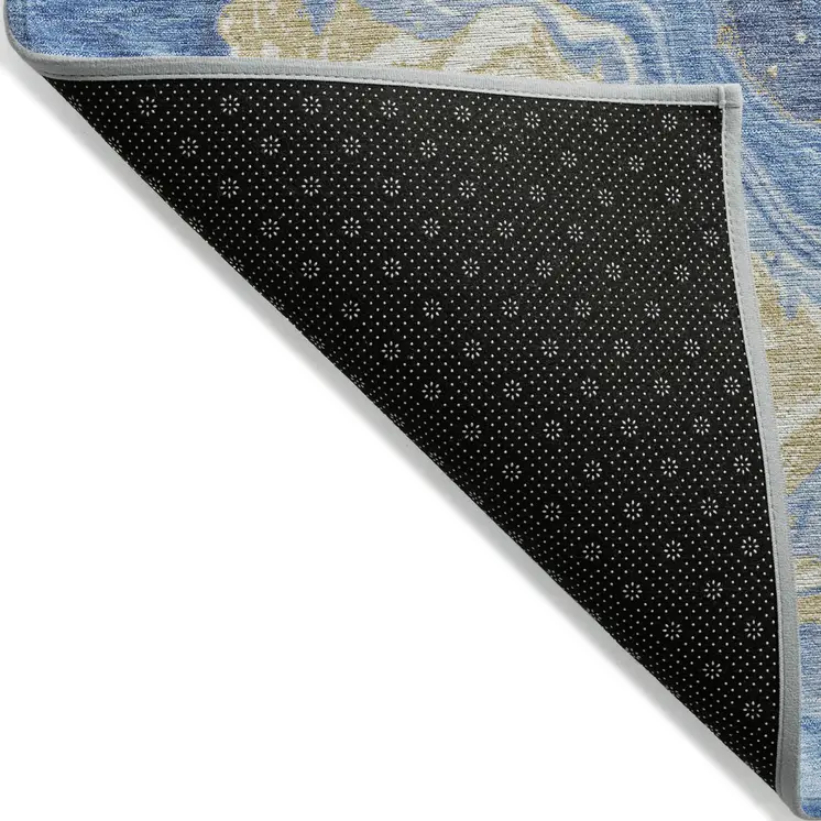 3' X 5' Blue Gold And Ivory Abstract Washable Indoor Outdoor Area Rug
