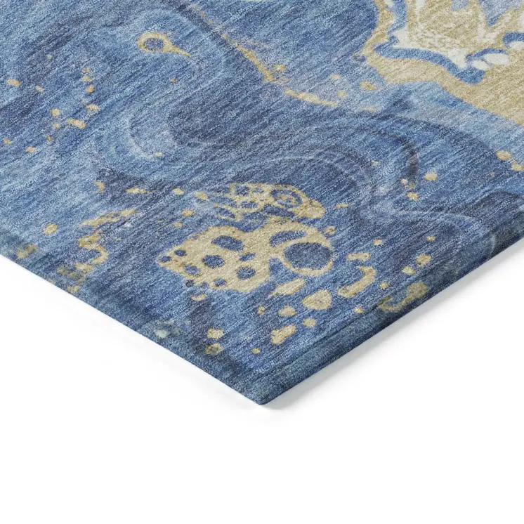 3' X 5' Blue Gold And Ivory Abstract Washable Indoor Outdoor Area Rug
