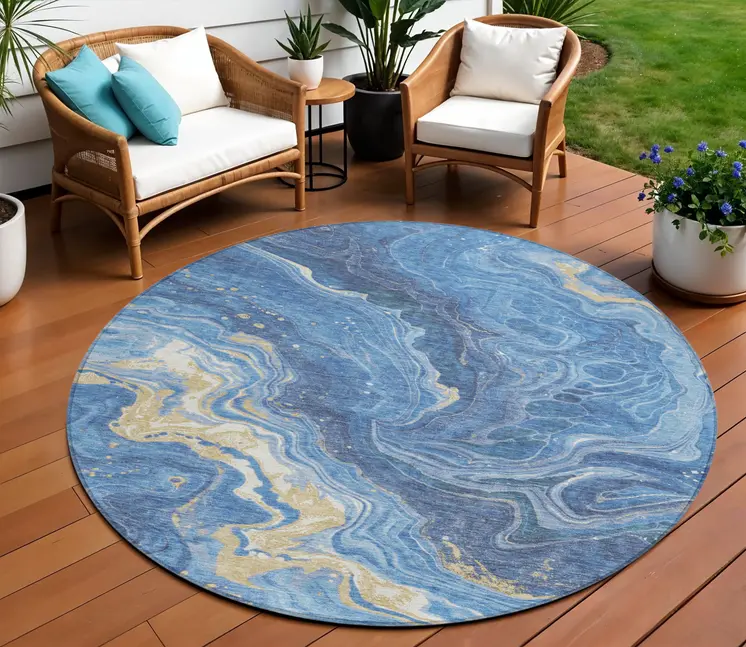 8' Blue Gold And Ivory Round Abstract Washable Indoor Outdoor Area Rug