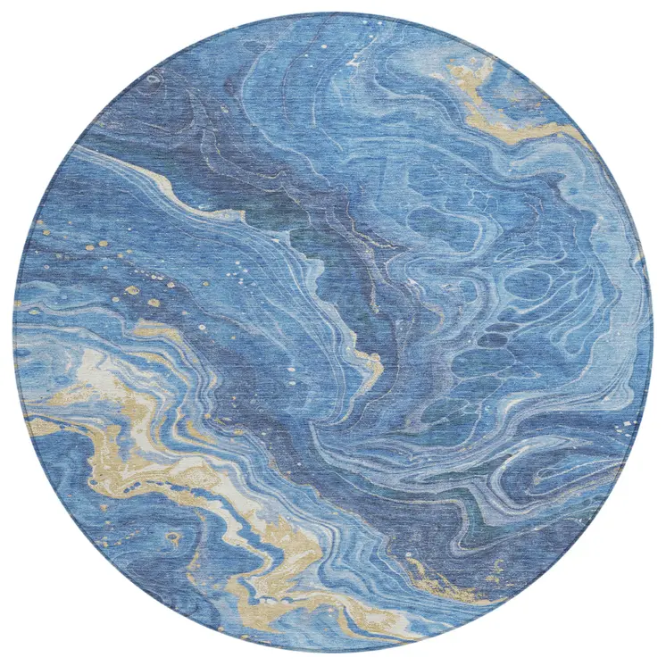 8' Blue Gold And Ivory Round Abstract Washable Indoor Outdoor Area Rug