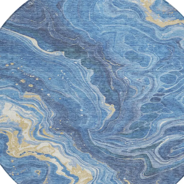 8' Blue Gold And Ivory Round Abstract Washable Indoor Outdoor Area Rug